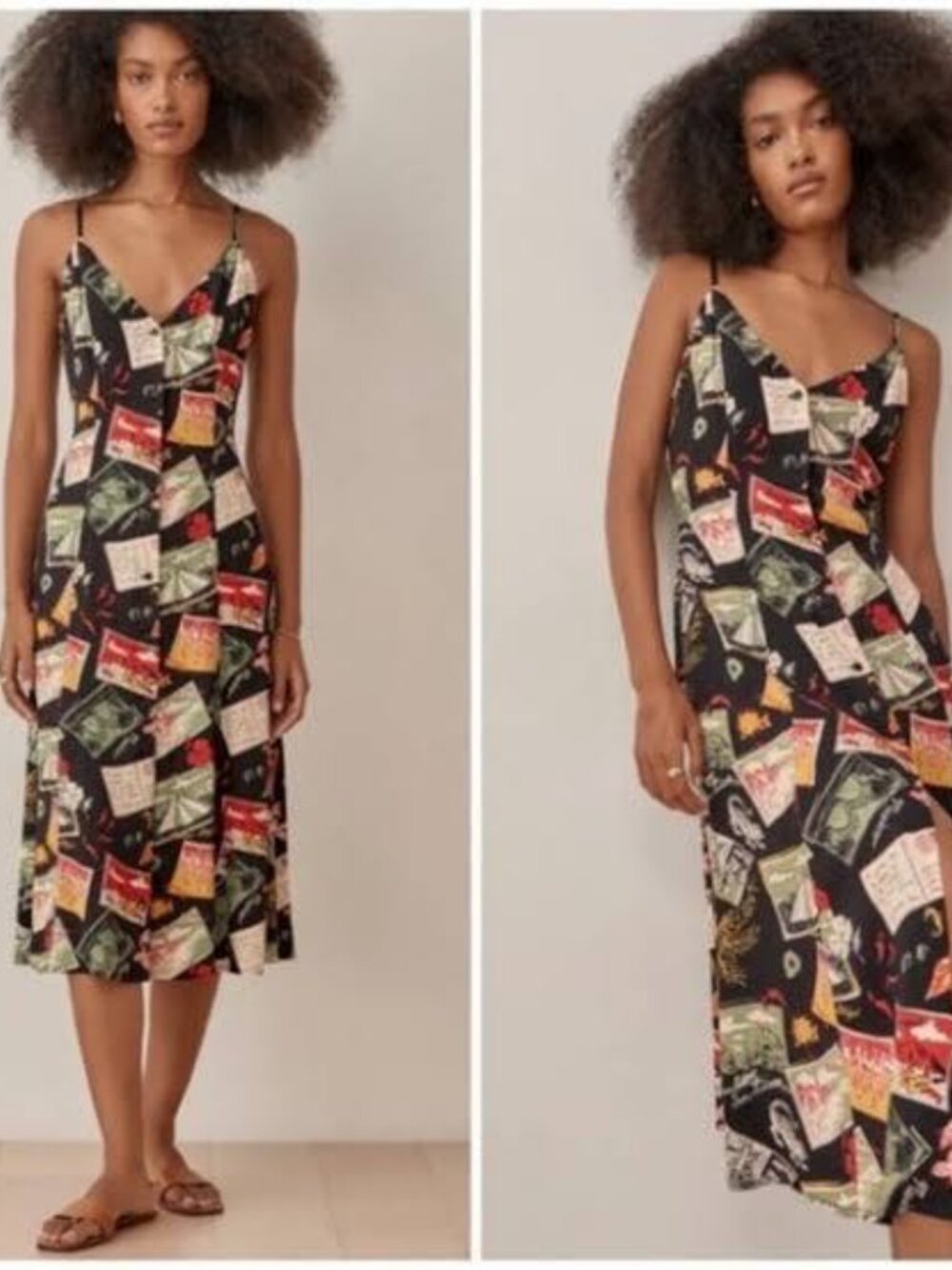 ✨ Reformation "Crimini" Midi Black Slip Dress in Havana Postcard Print Size 6✨